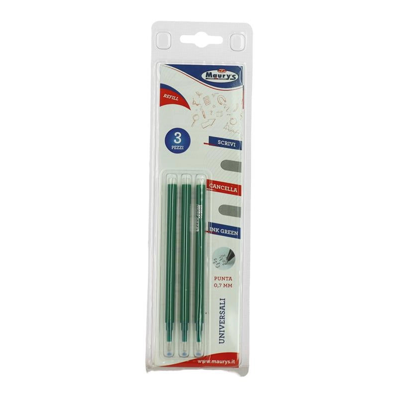 MAURY'S 3 PEZZI RICARICA PENNA VERDE CANCELLABILE PUNTA 0,7 MM