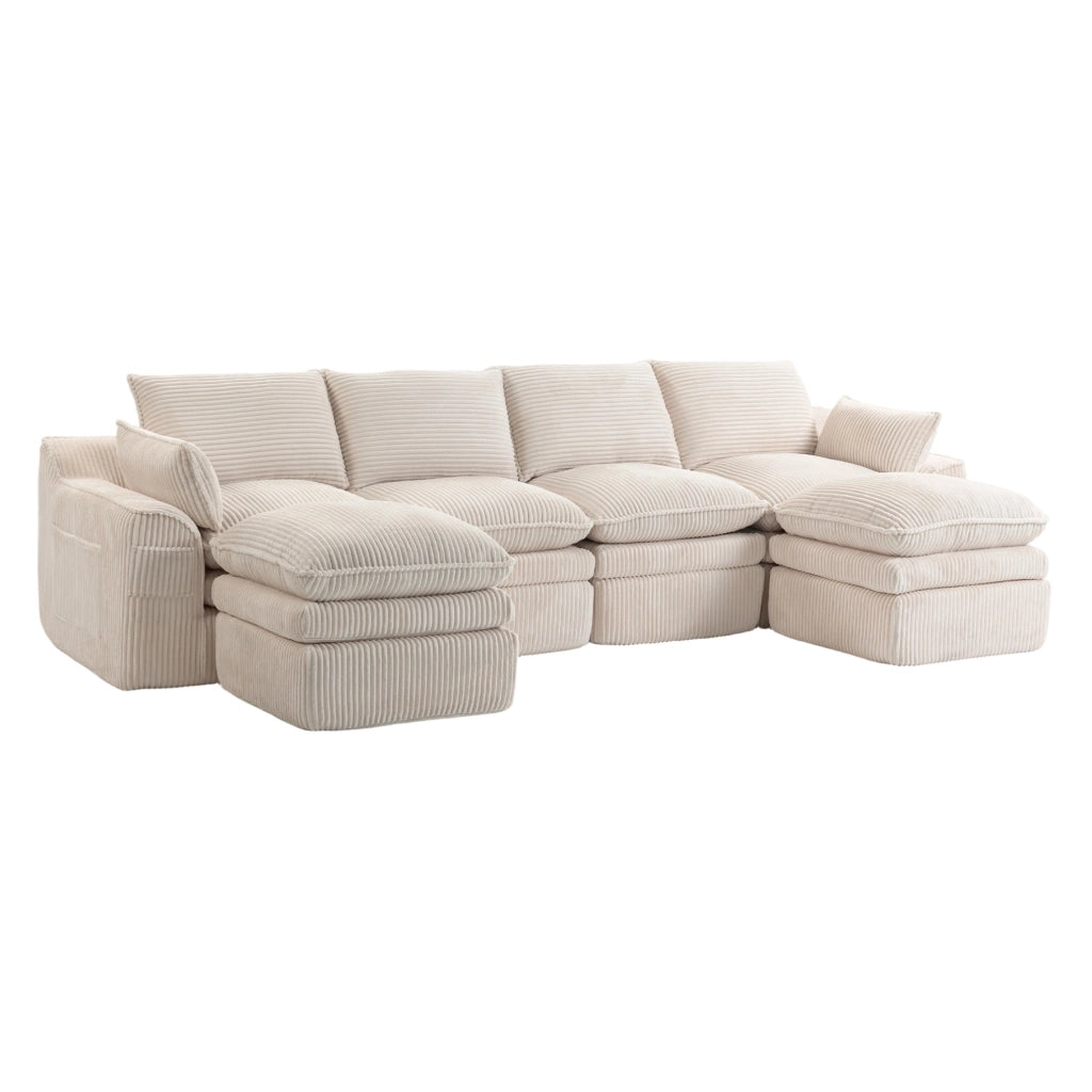 Divano modulare 335x167x85 cm in velluto a coste beige, 4 posti, salvaspazio