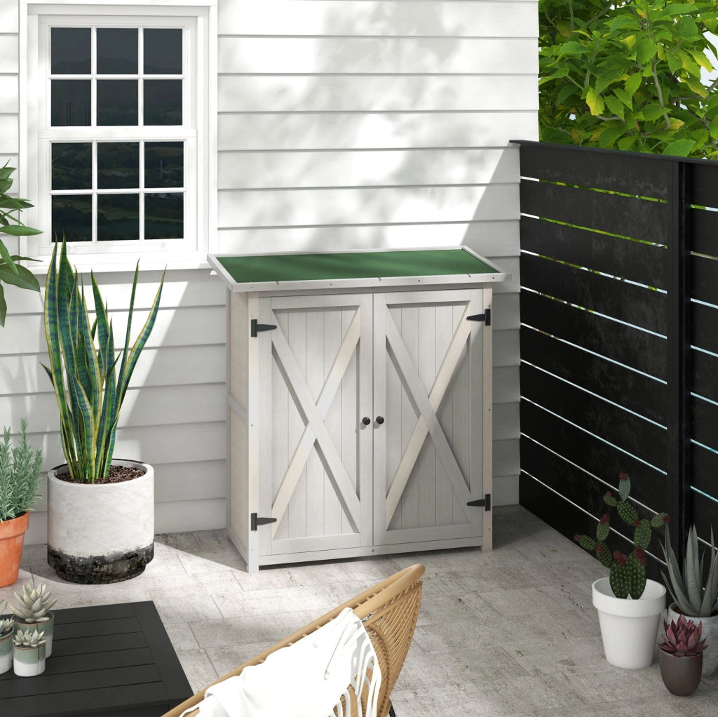Armadio da giardino in legno 110 x 55 x 117 cm con 2 ante; 2 ripiani e vano aperto grigio chiaro