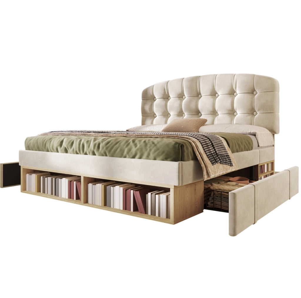 Letto matrimoniale 140x190 cm in velluto beige con testiera regolabile, vani e cassetti