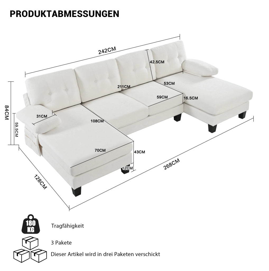 Divano a U per 4 persone in tessuto ciniglia beige con doppia chaise longue e cuscini comodi