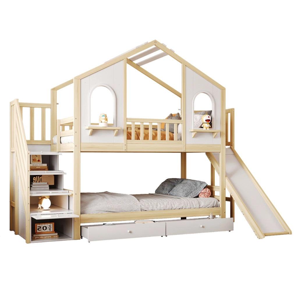 Letto a castello per bambini 90 × 200 cm 2 posti; con scivolo; scala contenitore e cassetti; senza materasso