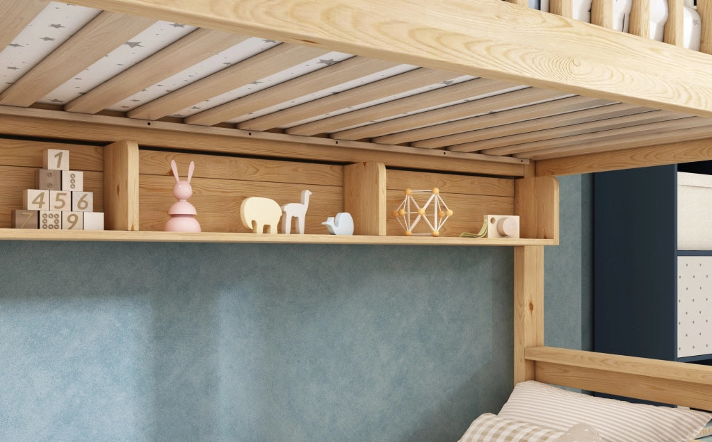 Letto a castello per bambini in legno naturale con scala e guardaroba integrato 90x200/140x200 cm, design sicuro e funzionale