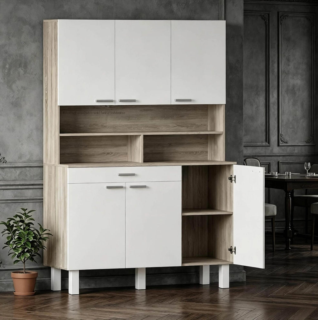 MOBILE CUCINA con 4 Armadietti e Cassetto 120x40x175 cm Bianco e Naturale