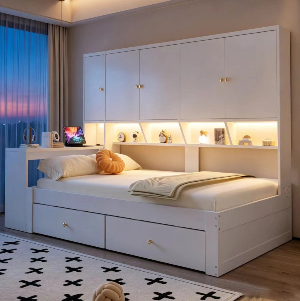 Letto multifunzione ULEVR 90x200 cm con scrivania, armadi, cassetti, LED e prese, bianco