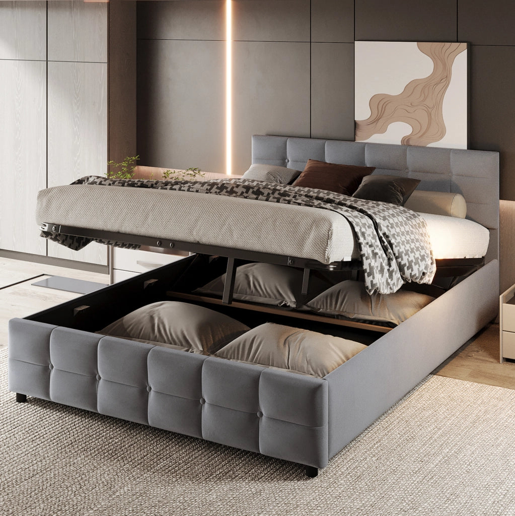 Letto imbottito con rete a doghe e sollevamento idraulico, grigio