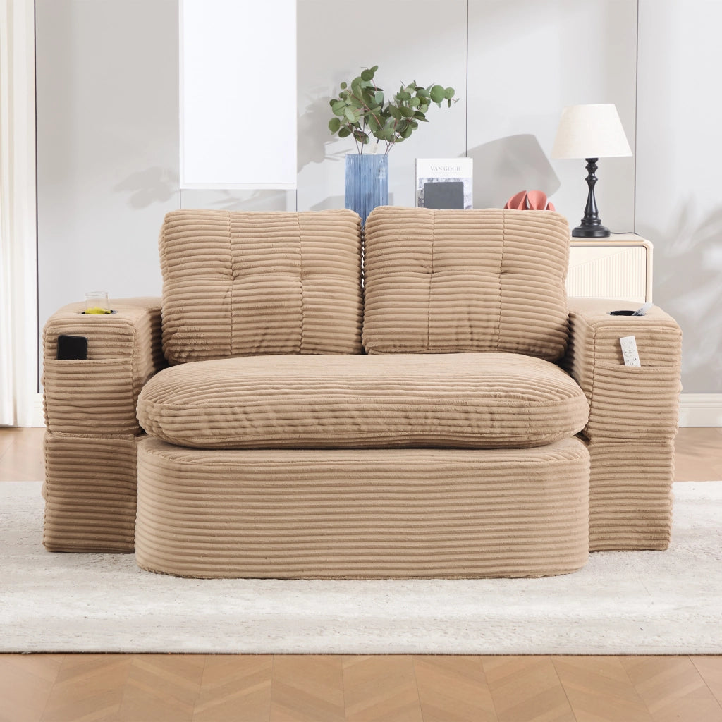 Poltrona letto 2 in 1 - con funzione relax e doppio portabicchieri - in velluto a coste - cachi