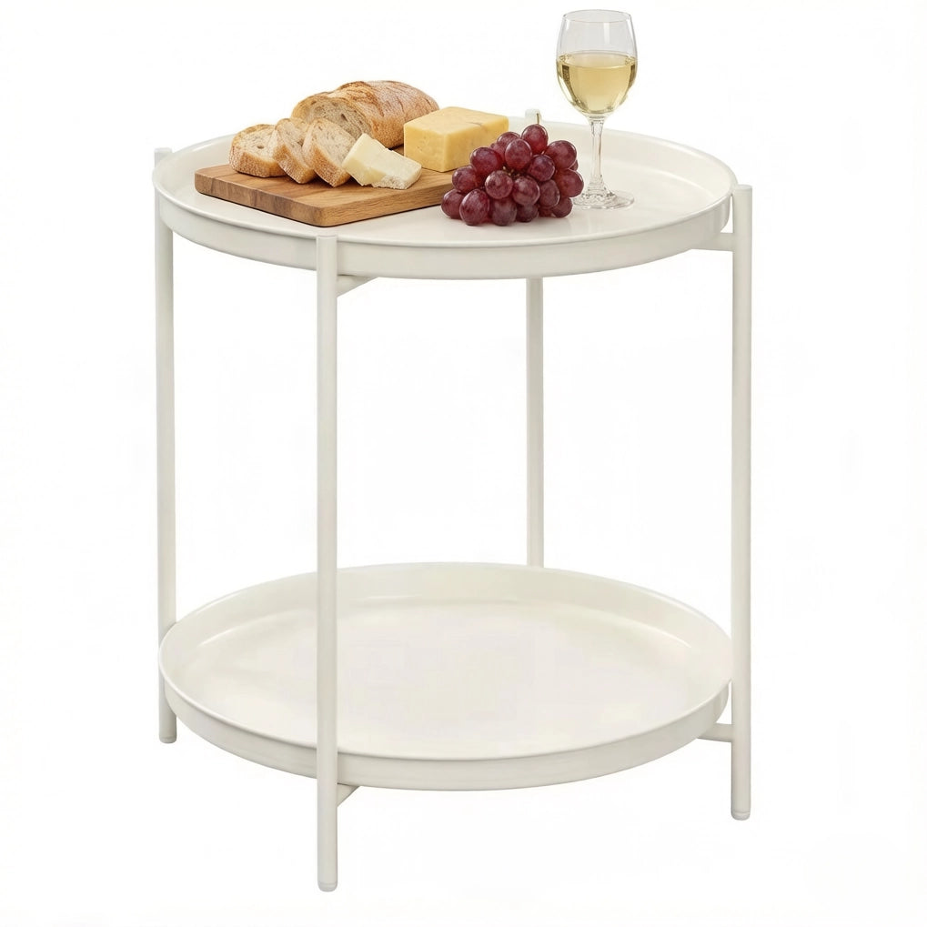 Tavolino rotondo da salotto Ø 44 cm con 2 ripiani rimovibili in metallo bianco crema HOMVRA