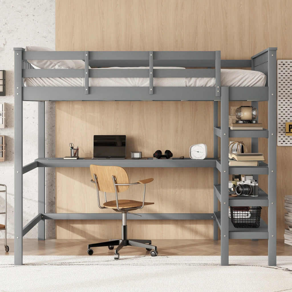 Letto a soppalco per bambini 140 × 200 cm 2 posti con scrivania e mensole; senza materasso; in pino e MDF; grigio