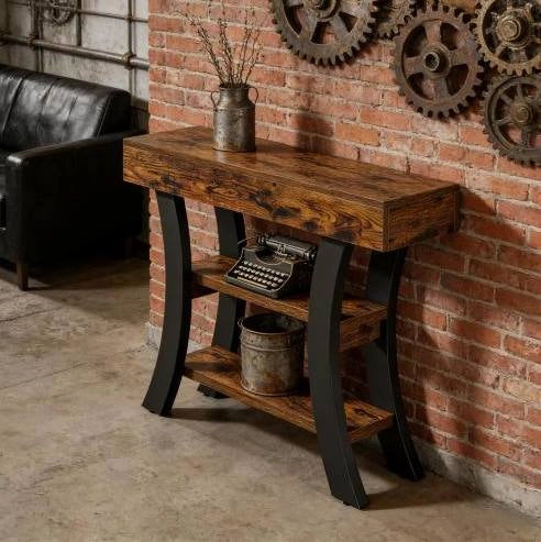 Tavolo consolle 105x30x80 cm con 3 ripiani in MDF e metallo nero e marrone rustico