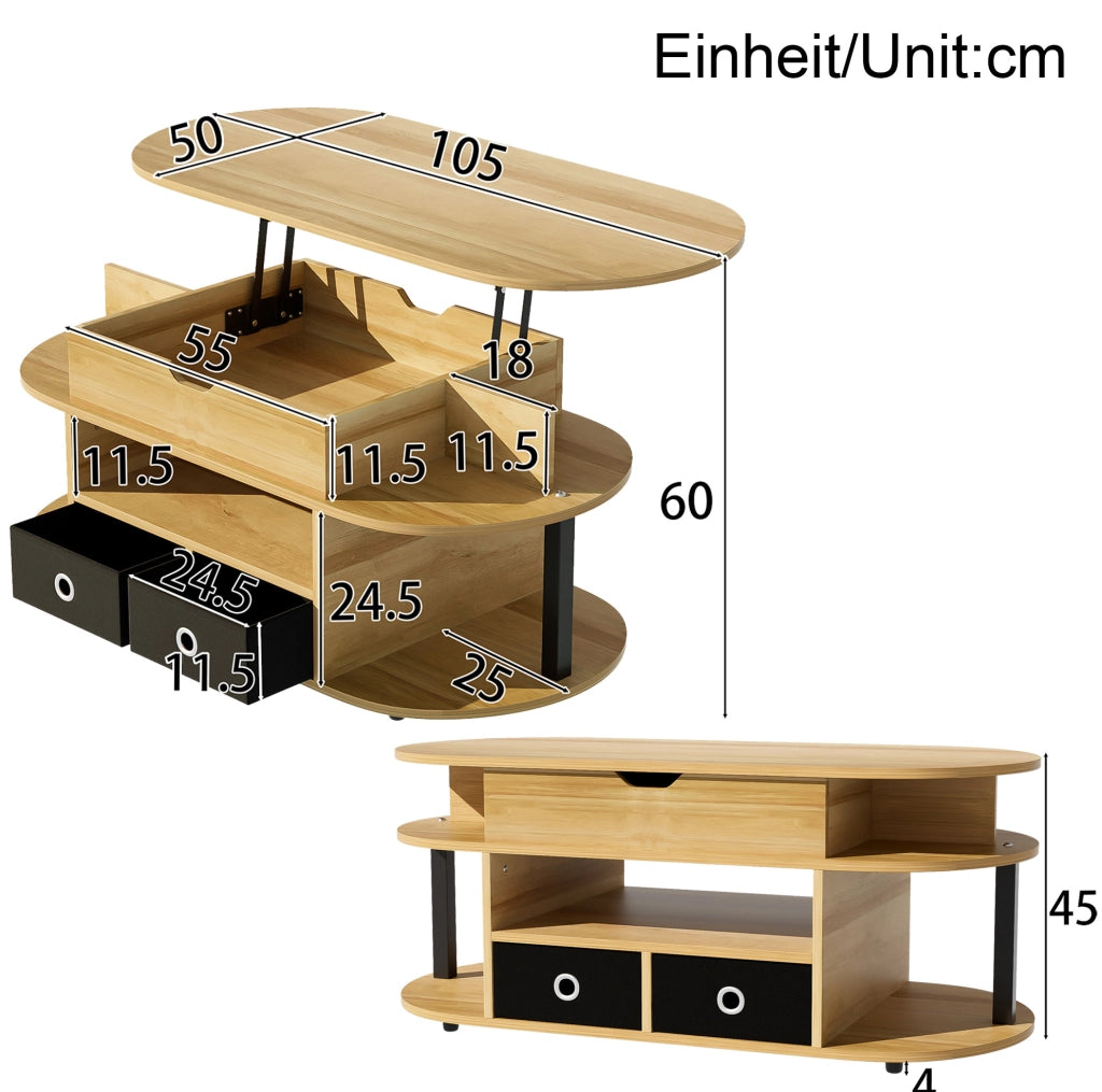 Tavolino da caff¨¨ 105x50 cm con piano sollevabile e 2 cassetti in tessuto nero
