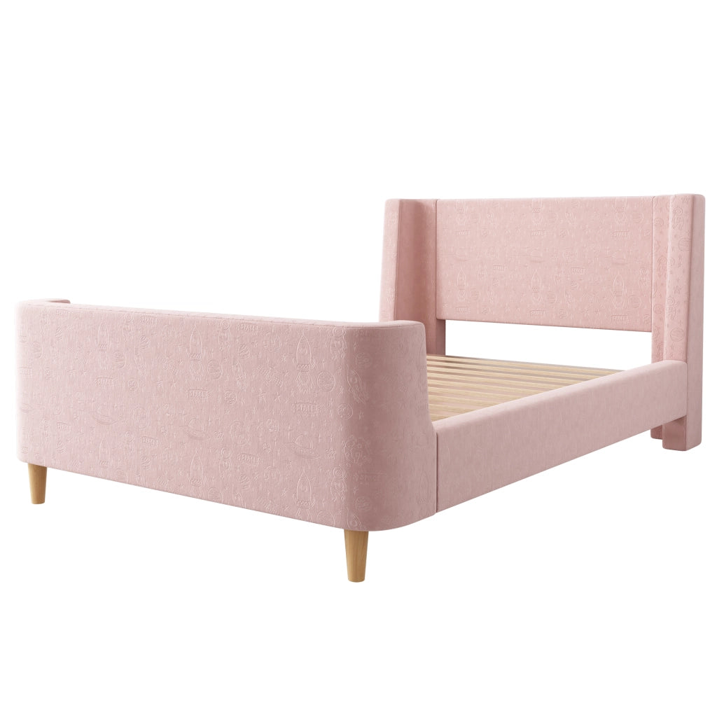 Letto singolo 90 × 200 cm con testiera imbottita e motivo spaziale rivestito in velluto rosa con rete a doghe
