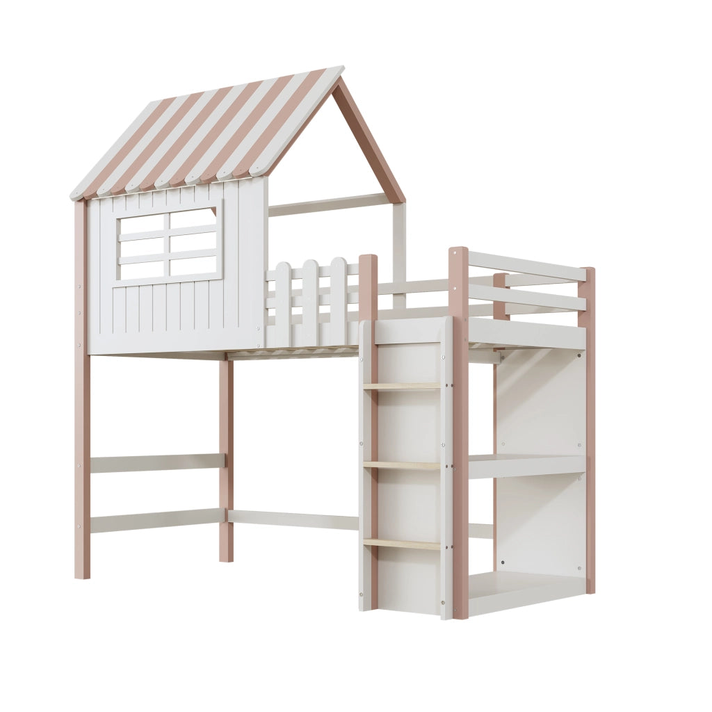 Letto a soppalco per bambini 90 × 200 cm con tetto scala di sicurezza rete a doghe in legno rosa