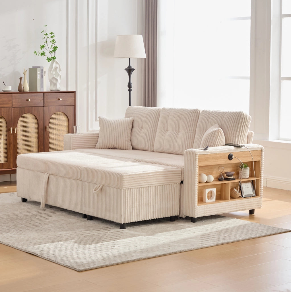 Divano letto 196x82x85 cm in velluto a coste beige con contenitore