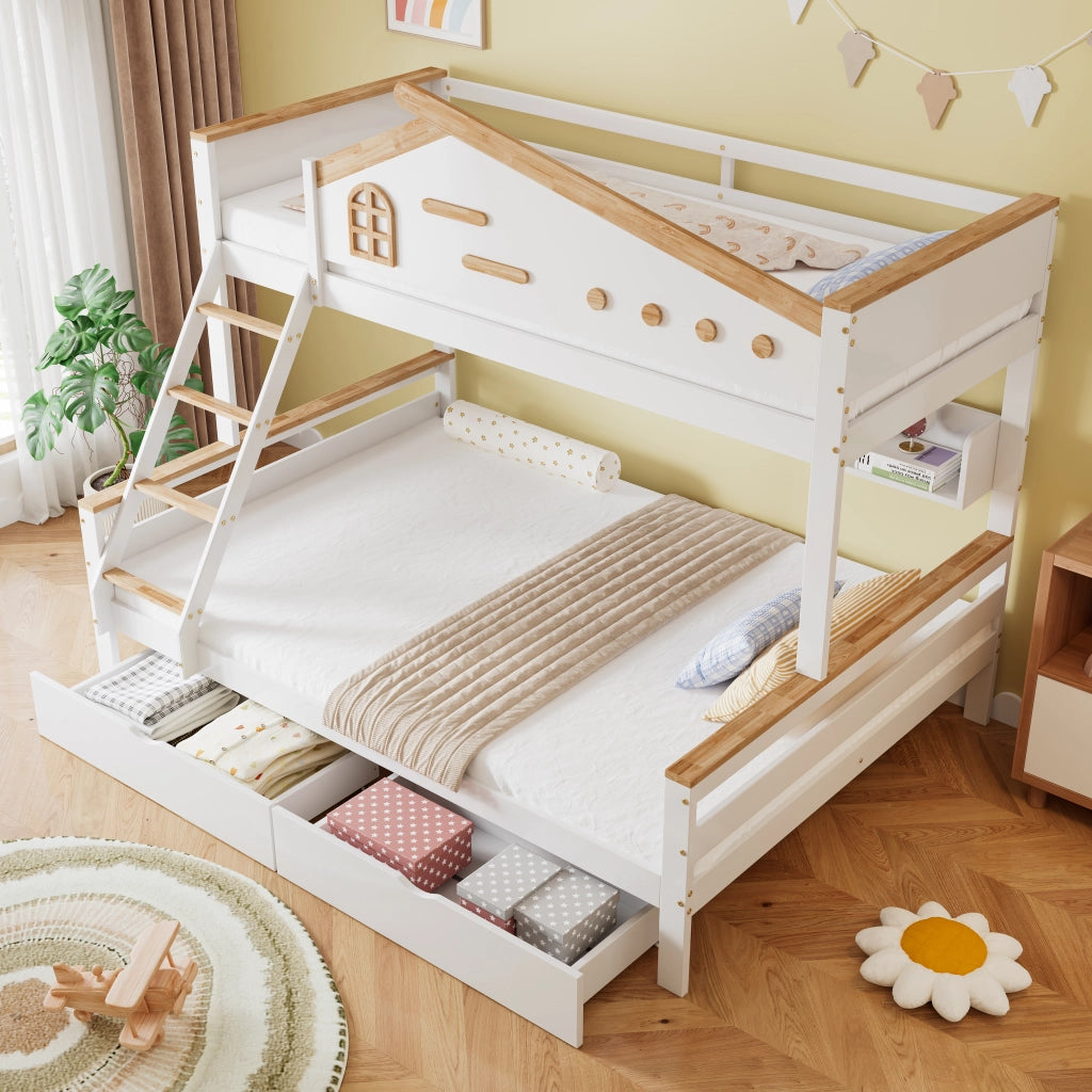Letto a castello 3 posti 90×200 cm e 140×200 cm con 2 cassetti, mensole e scala inclinata, senza materasso