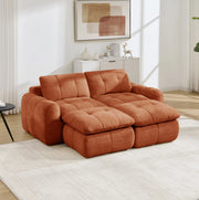 Divano modulare 2 posti 194x160x68 cm in ciniglia arancione, 2 pouf salvaspazio