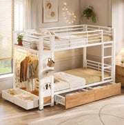 LETTO A CASTELLO 90x200 cm con LED, 2 cassetti e appendiabiti Bianco