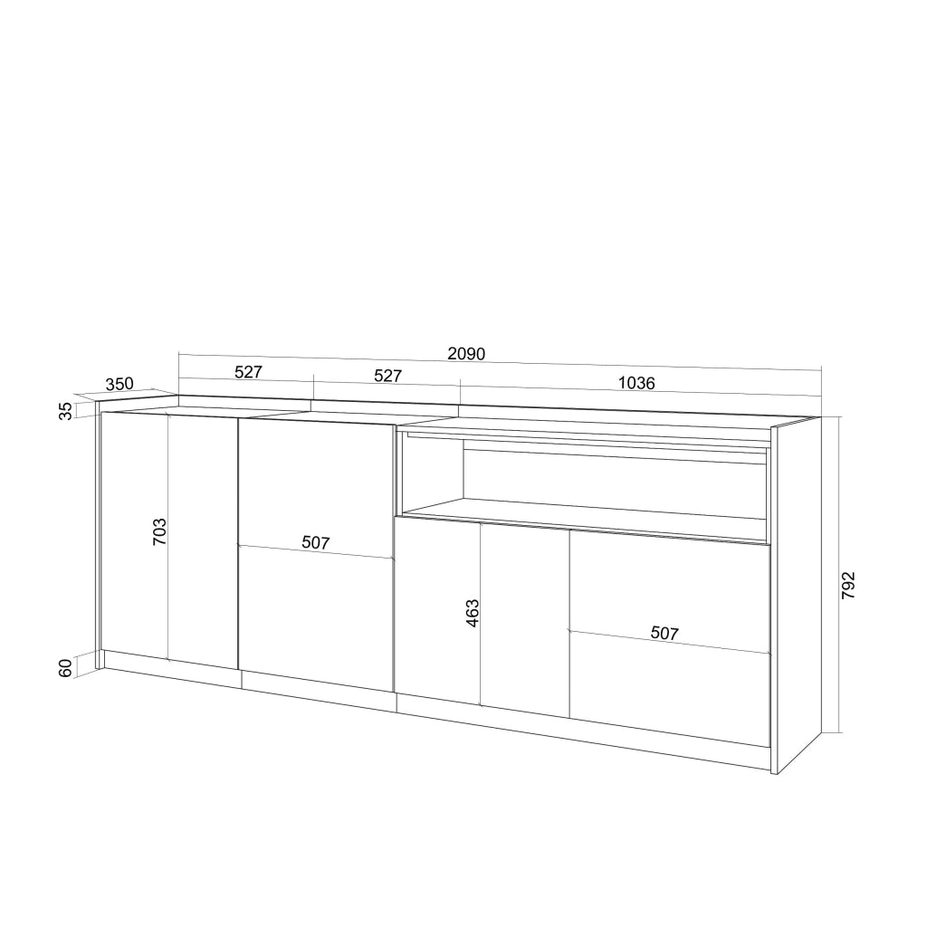 Credenza, Mobile, Cucina, 207x80x37 cm, 4 Porte, LED, Rovere scuro e Nero