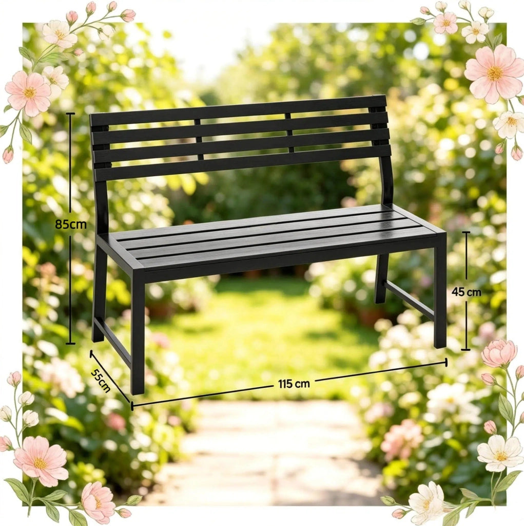 Panca da giardino con schienale in metallo e lamelle PS, 115x55x85 cm, colore nero