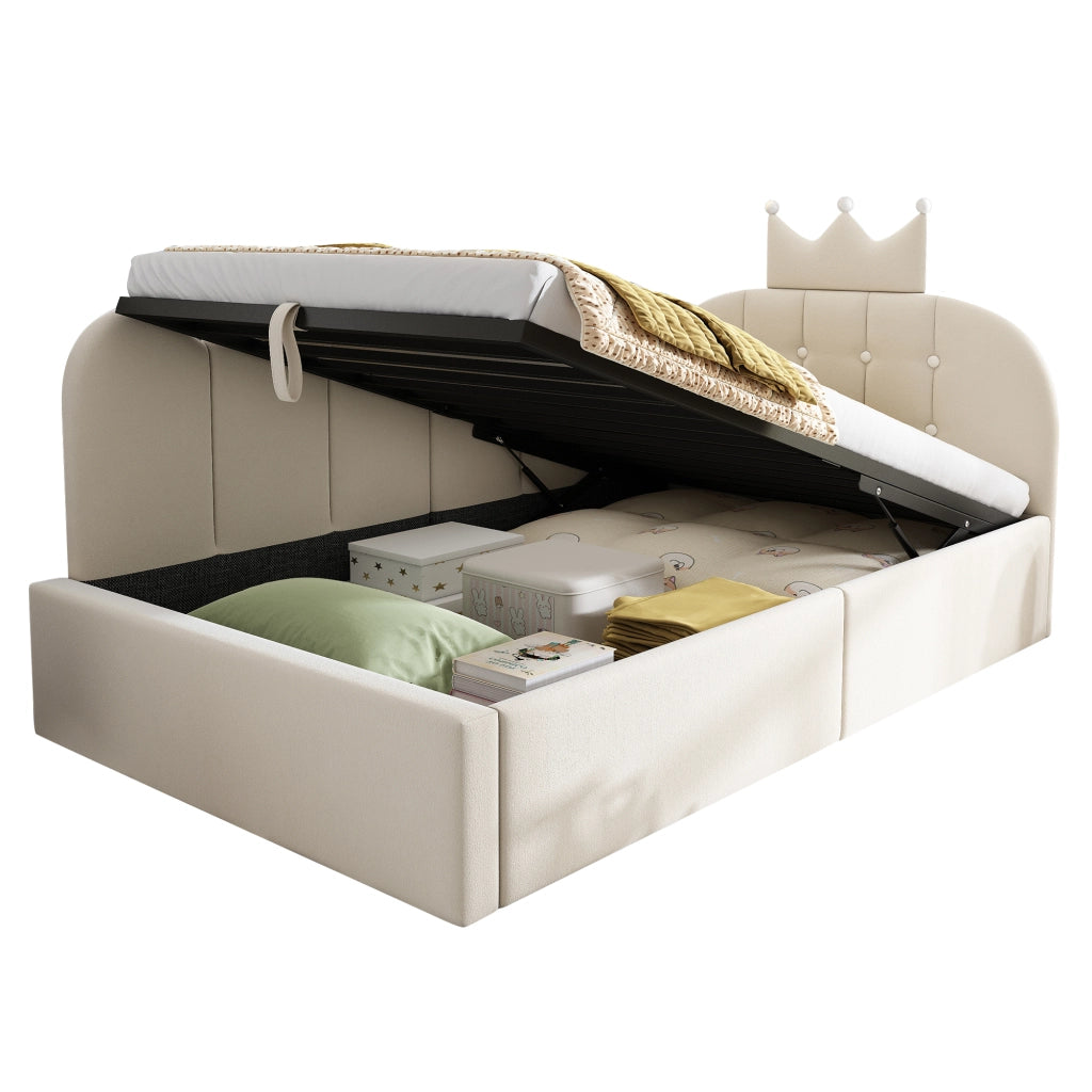Letto da Giorno 90x190 cm in Velluto Beige con Contenitore Idraulico e Design a Corona