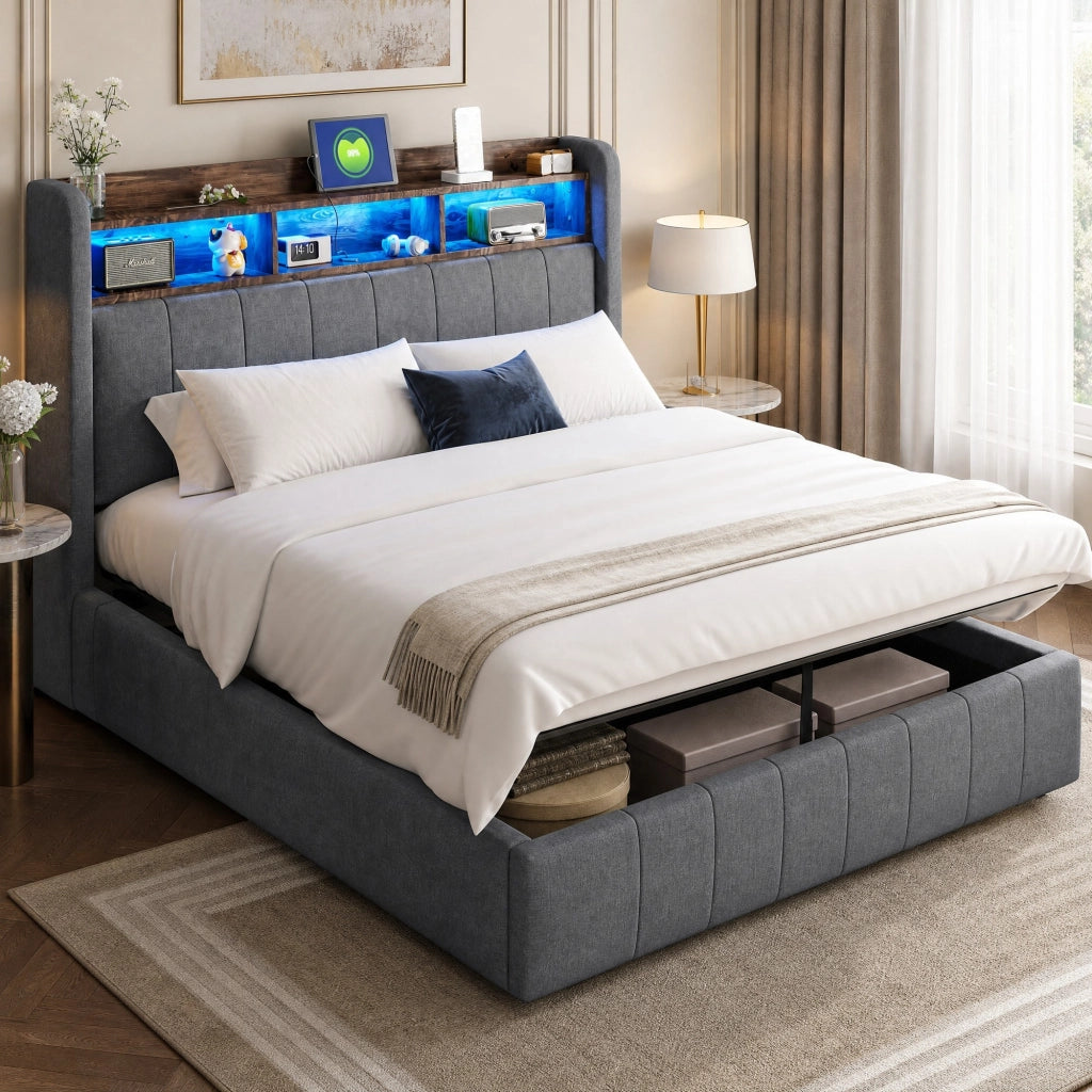 Polsterbett 140x200 cm con LED; USB e Type-C; contenitore idraulico; grigio
