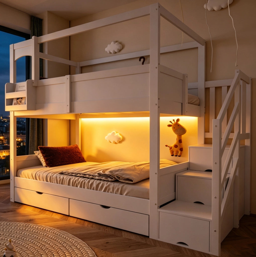 Letto a castello per bambini 90x200 cm in legno con scala contenitore; cassetti e lavagna bianco HOMVRA