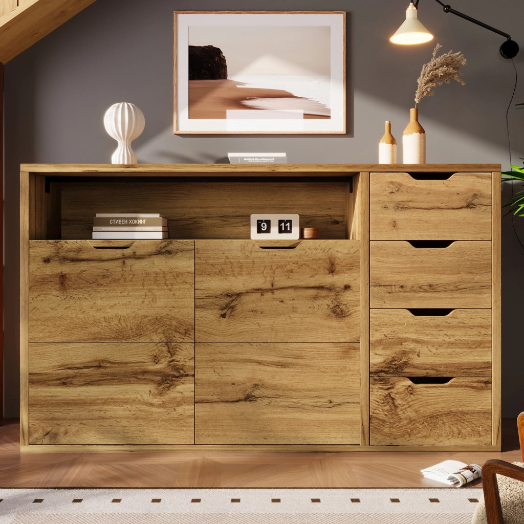 Credenza 150x40x90 cm con 2 ante; 4 cassetti e vano aperto; ripiani regolabili; MDF effetto rovere e metallo