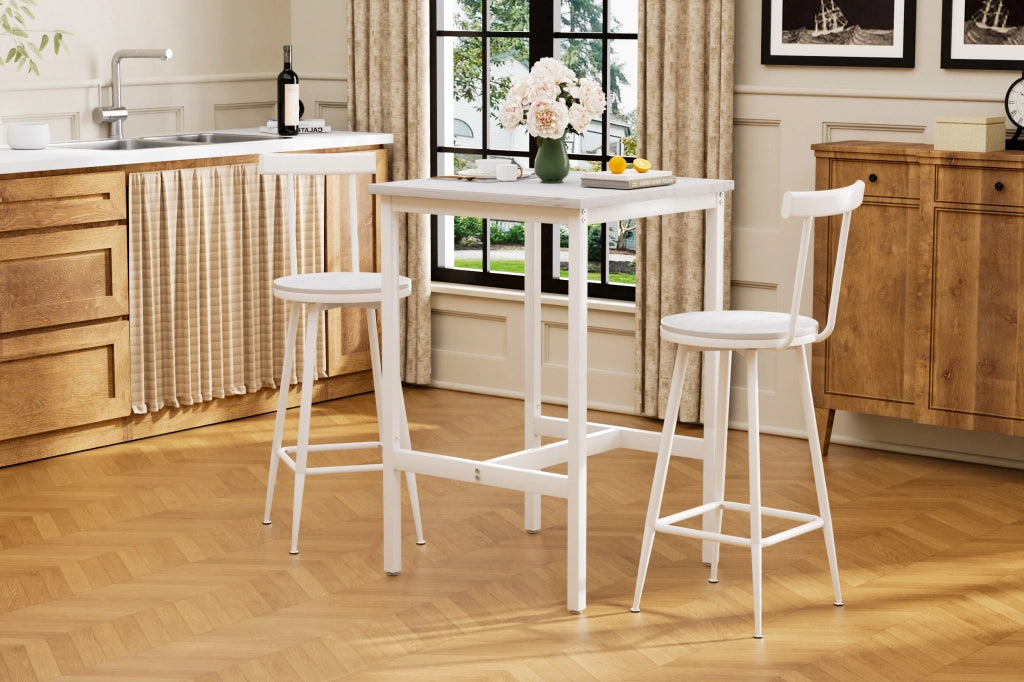 Set tavolo bar con 2 sgabelli bianchi in truciolare e acciaio, stile industriale