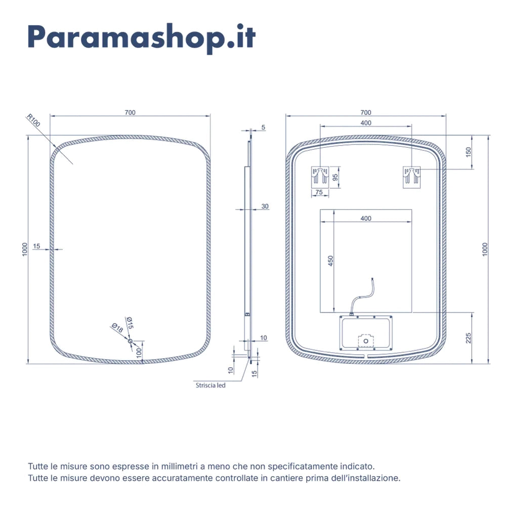 Specchio led 70x100cm luce calda, neutra, fredda e funzione anti-appannamento| Mira