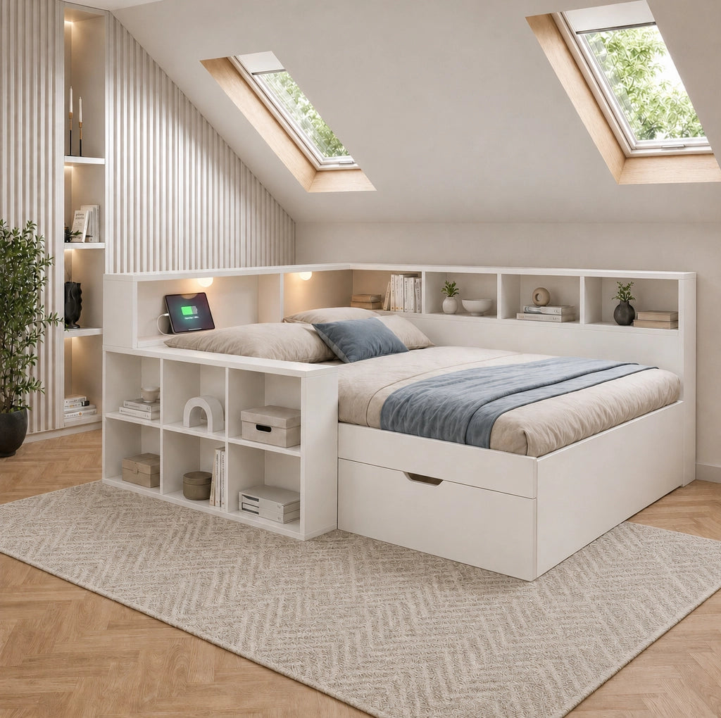 Letto singolo 90x200 cm in legno bianco con contenitore; prese USB e luci integrate