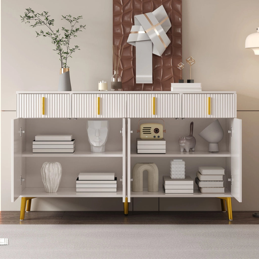 Credenza 140 cm con 4 ante; 4 cassetti e ripiani regolabili; MDF bianco con dettagli dorati