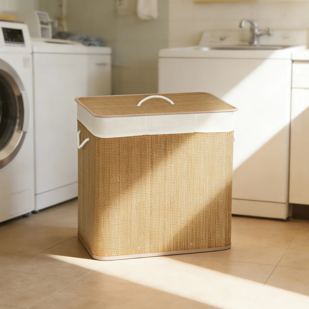 Cestino Lavanderia 144L Bamb¨´ con 3 Scomparti e Maniglia ¨C Minimal ¨C 60x40x60 cm Marrone