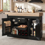 Isola cucina e mobile laterale girevole 360° 120-197cm con ante patchwork, ripiano portabottiglie estraibile e cassetti, rovere chiaro/nero