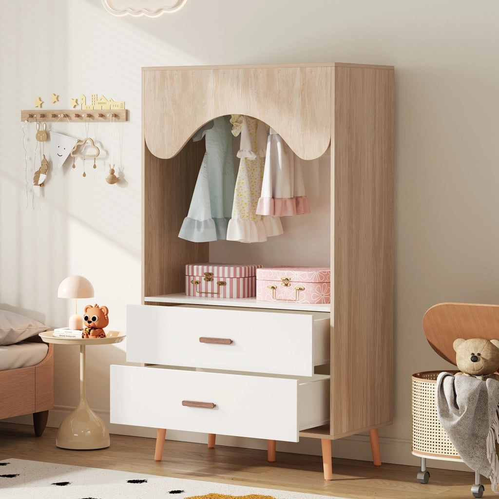 Armadio aperto per bambini con asta appendiabiti e 2 cassetti su 5 piedi in legno colore naturale e bianco