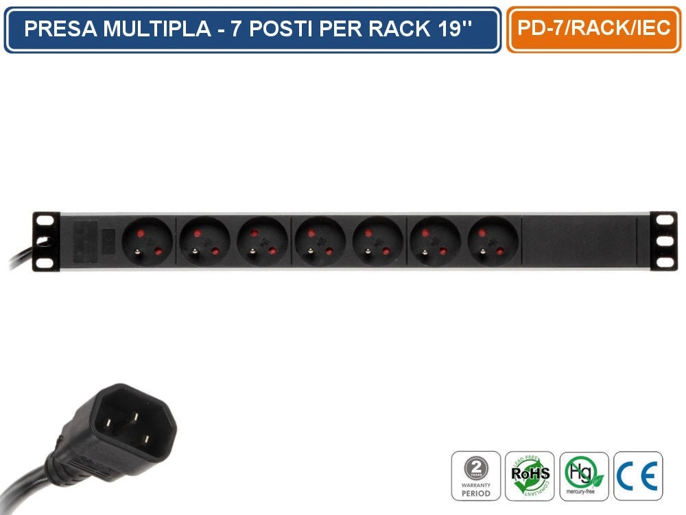 MULTIPRESA SCHUKO 16A 3680 WATT 7 POSIZIONI PER MONTAGGIO ARMADI RACK 19" 1U
