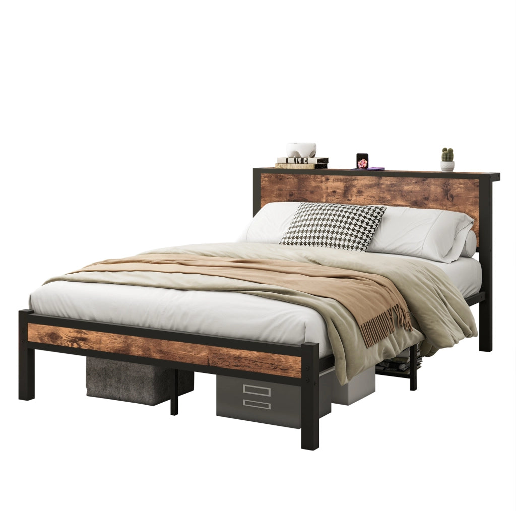 Letto singolo 140x200 cm con struttura in metallo e testiera contenitore in MDF vintage marrone
