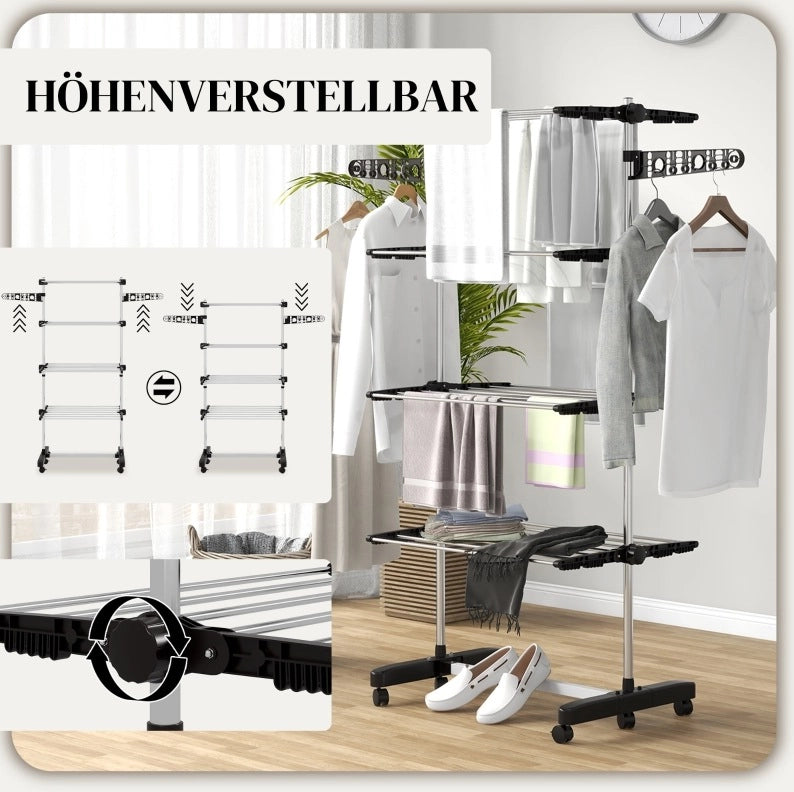 Stendibiancheria pieghevole a 5 livelli con ruote, 142x55x172 cm, nero e argento