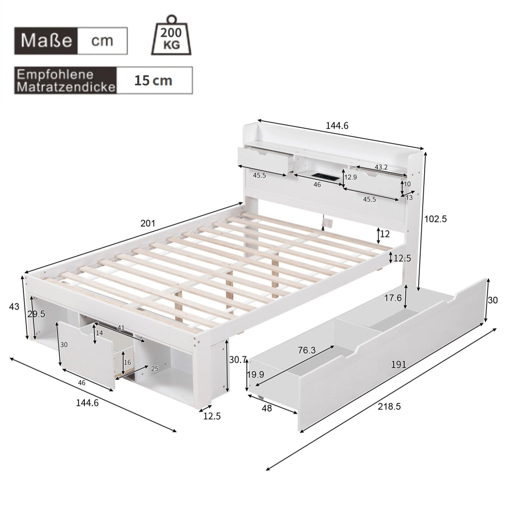 Letto con cassetti 140 × 200 cm con armadietti; USB; Type-C e due prese rotonde in legno bianco