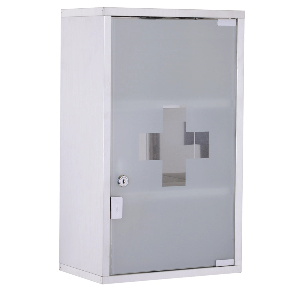 Armadio Medicina in Acciaio Inox con Serratura, 30x12x60 cm, Porta in Vetro Satinato con Croce di Primo Soccorso