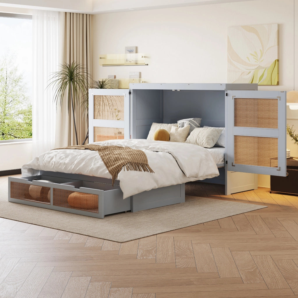 Letto a scomparsa verticale 140x200 cm con cassetti in pino, compensato e MDF grigio