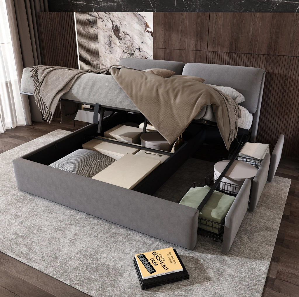 Letto contenitore imbottito 160x200 cm in velluto grigio con 3 cassetti e testiera regolabile