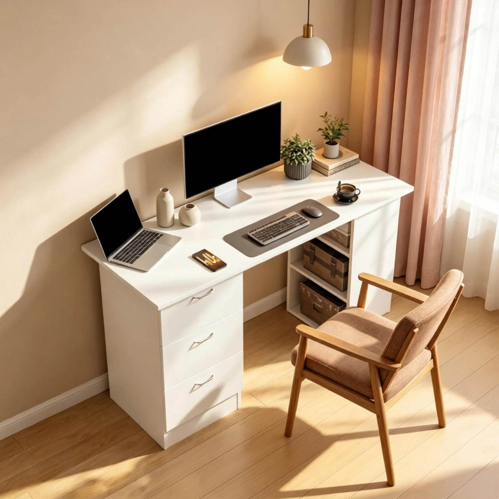 Scrivania per computer in MDF bianco con 3 cassetti e 3 ripiani