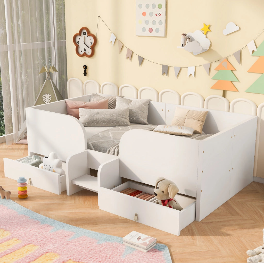 Letto per bambini 90x200 cm con 2 cassetti in compensato e MDF bianco