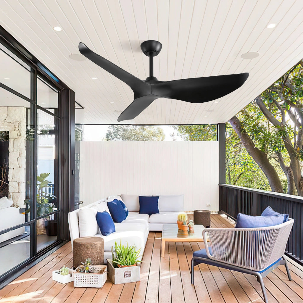 Ventilatore da soffitto 132 cm senza luce con telecomando 6 velocità motore DC reversibile 3 pale ABS nero per interni