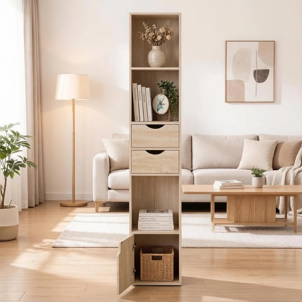 Libreria stretta con 3 nicchie, 2 cassetti e anta, ripiani regolabili, per soggiorno, rovere chiaro, 30 × 24 × 157,5 cm
