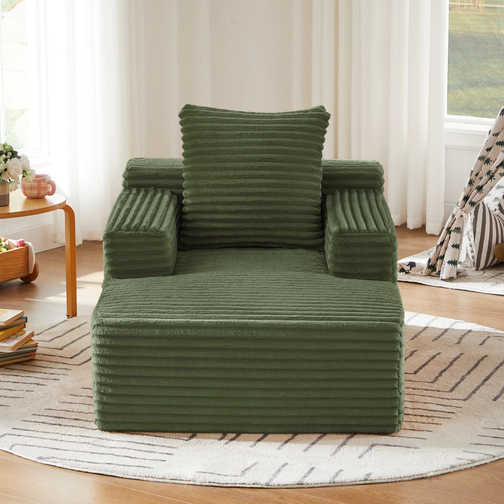 Divano letto in velluto a coste verde utilizzabile come chaise longue e poltrona relax senza montaggio