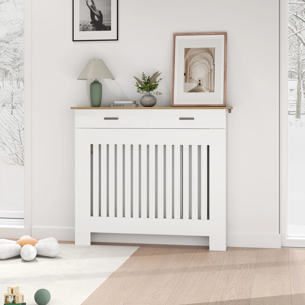Copritermosifone Moderno in Legno Bianco a Doghe con Cassetto Portaoggetti e Sistema Antiribaltamento, per Casa, 112x19x97 cm