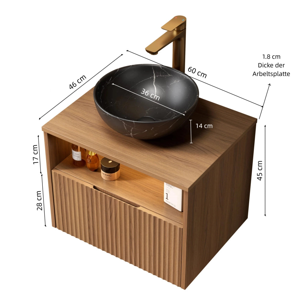 Mobile bagno sospeso 60 cm con lavabo in ceramica nera, mobile in compensato rigato con cassetto e ripiano, illuminazione sensore, finitura rovere marrone