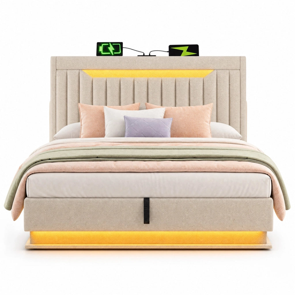 Letto 180x200 cm con vano contenitore idraulico, LED, USB e USB-C rivestito in lino beige