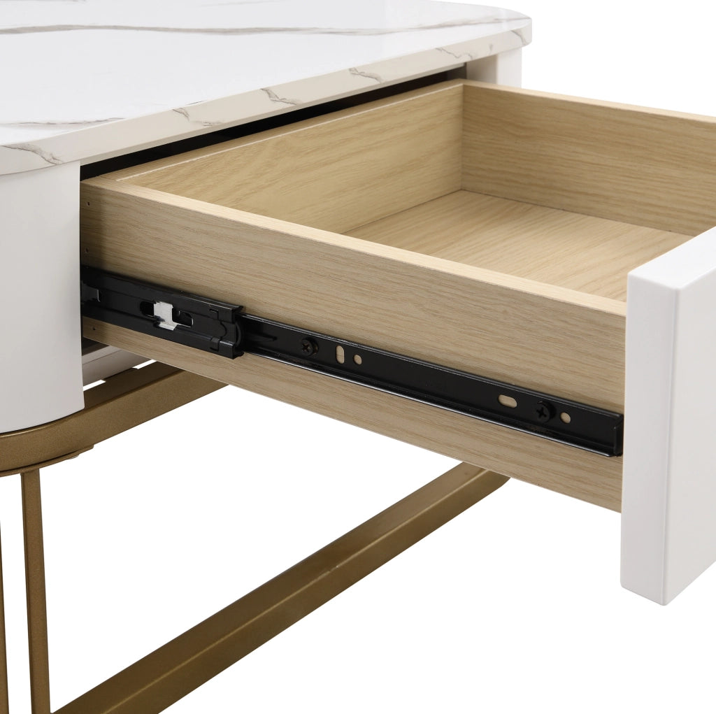 Set di Tavolini Impilabili con Aspetto Marmo Lucido e Accenti Dorati, Tavolino con Cassetto, Bianco e Oro